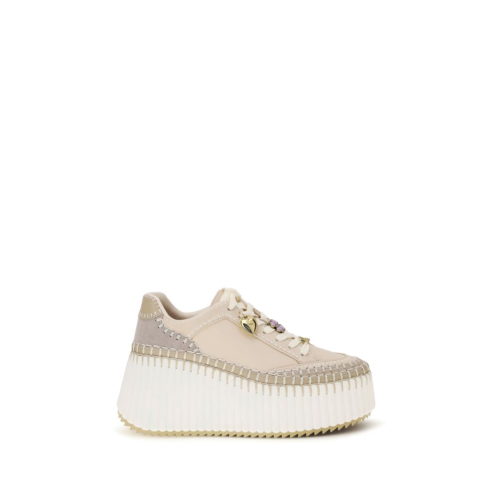 Beige Calf Leather Platform Sneakers
