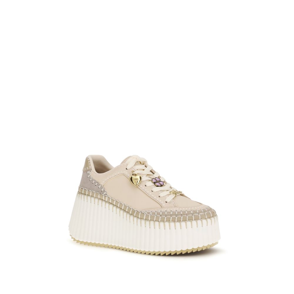 Beige Calf Leather Platform Sneakers