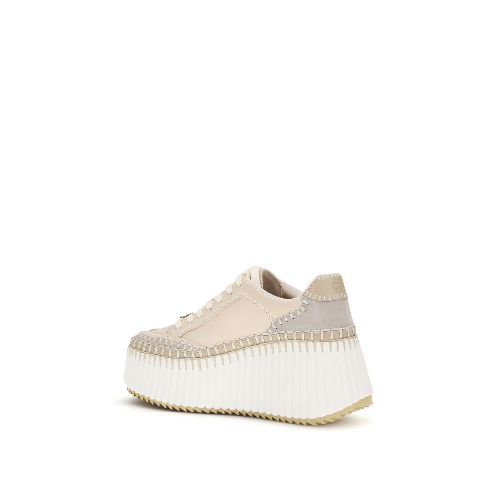 Beige Calf Leather Platform Sneakers