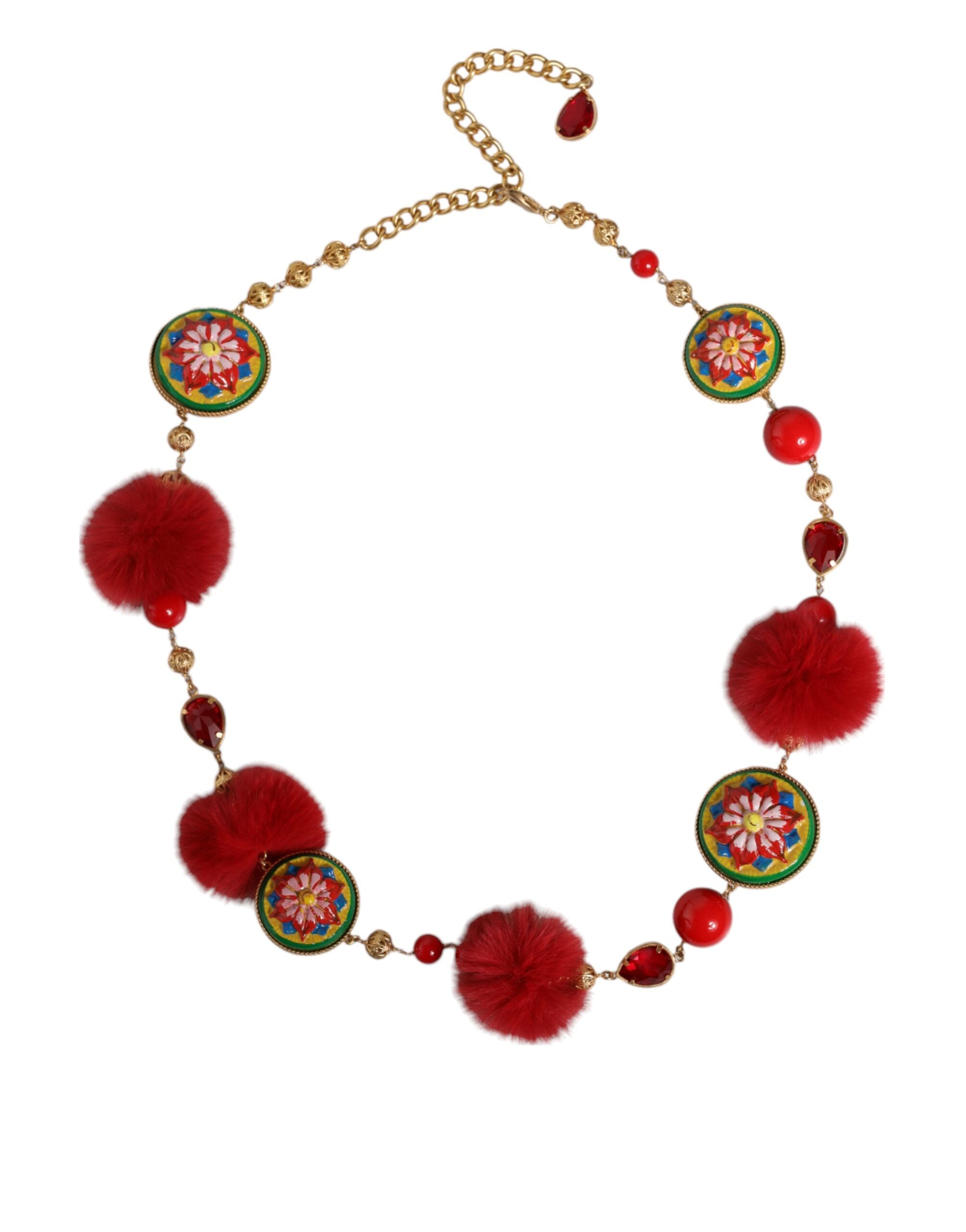 Ceinture Torero en Laiton Doré, Fourrure Rouge et Cristal