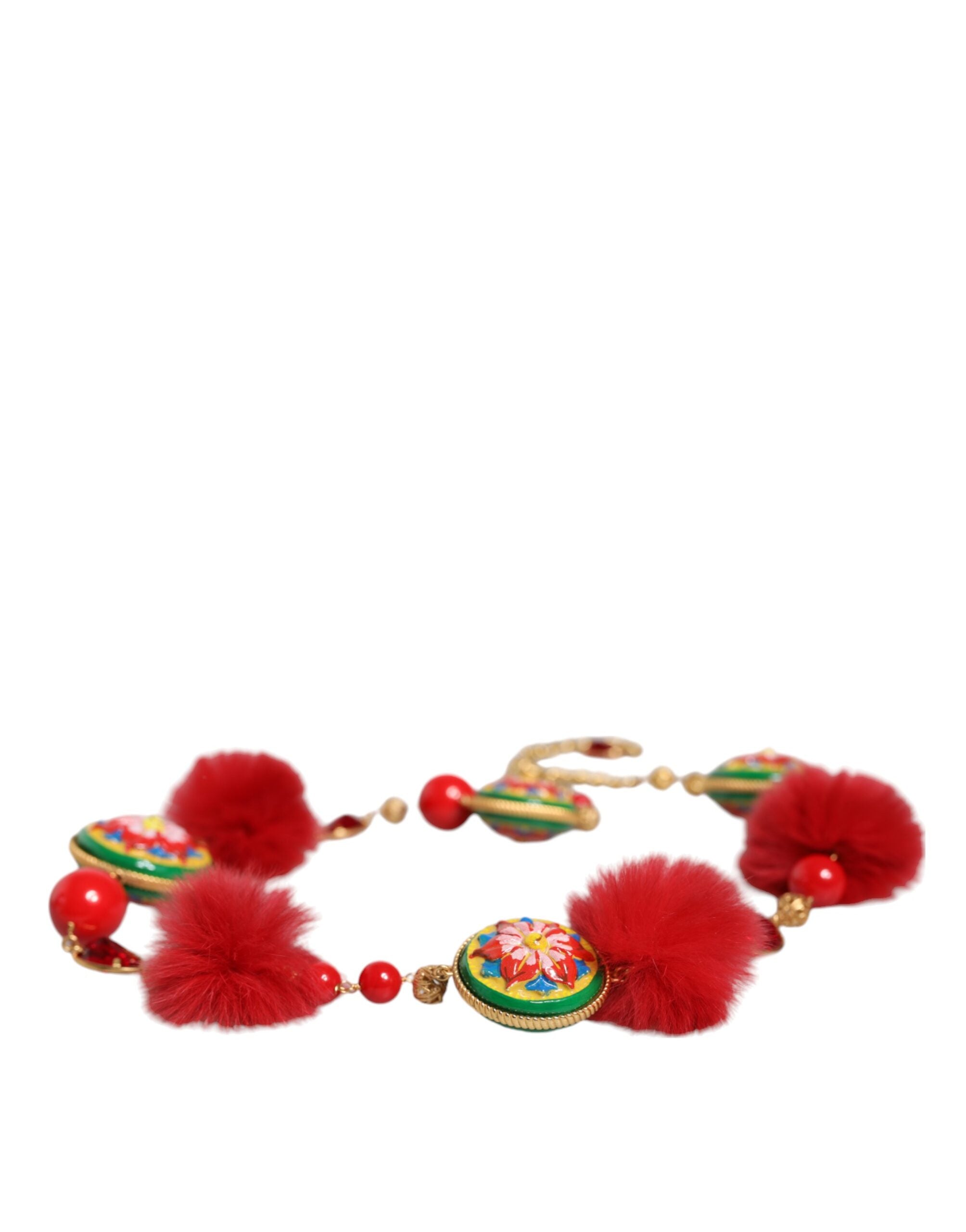 Ceinture Torero en Laiton Doré, Fourrure Rouge et Cristal