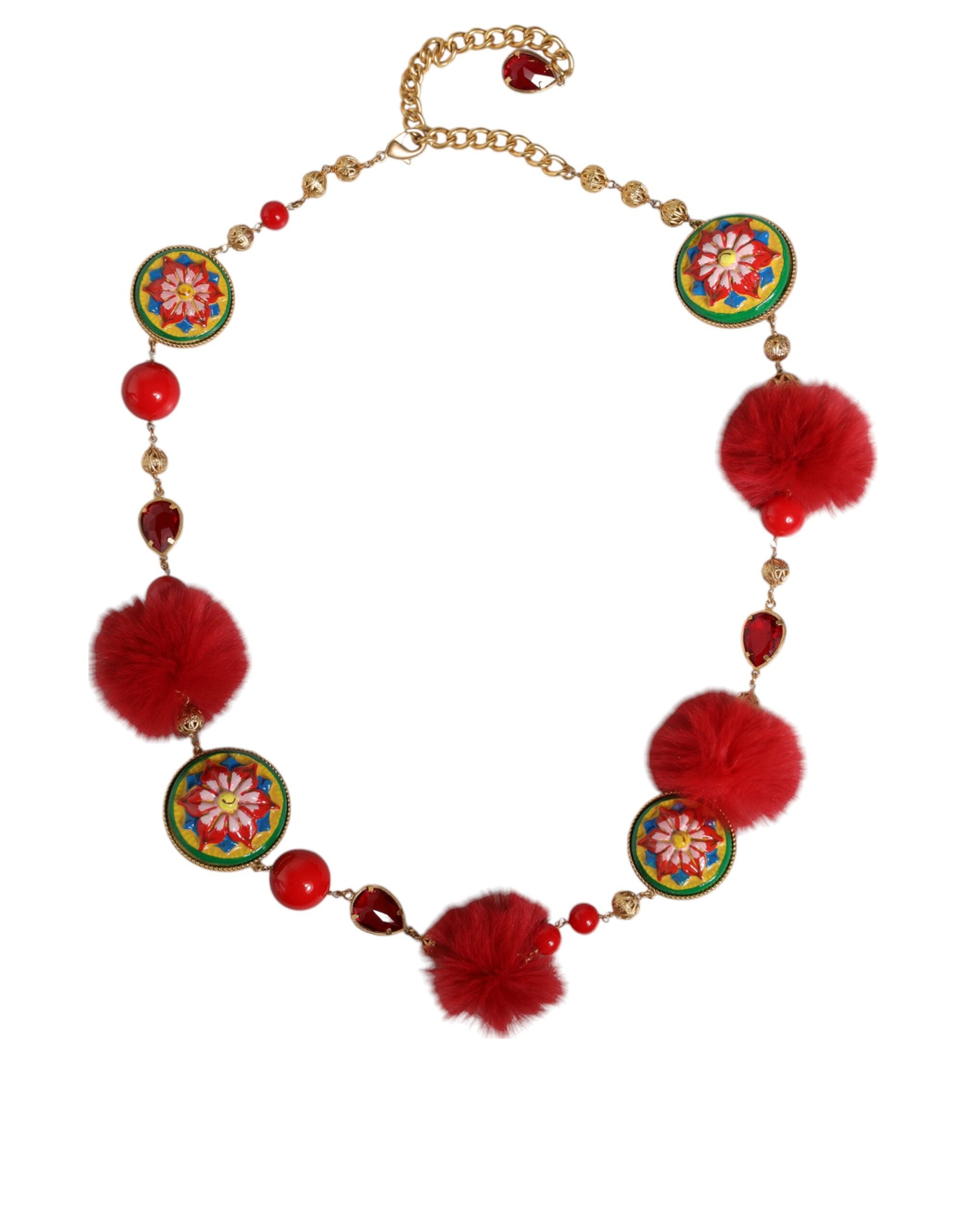 Ceinture Torero en Laiton Doré, Fourrure Rouge et Cristal