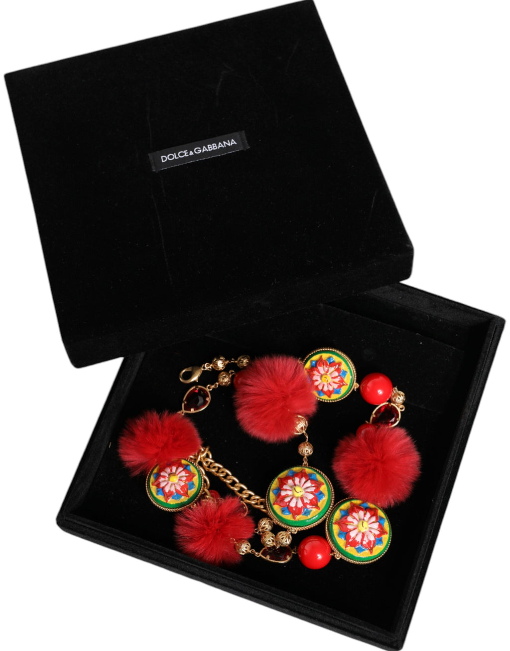 Ceinture Torero en Laiton Doré, Fourrure Rouge et Cristal