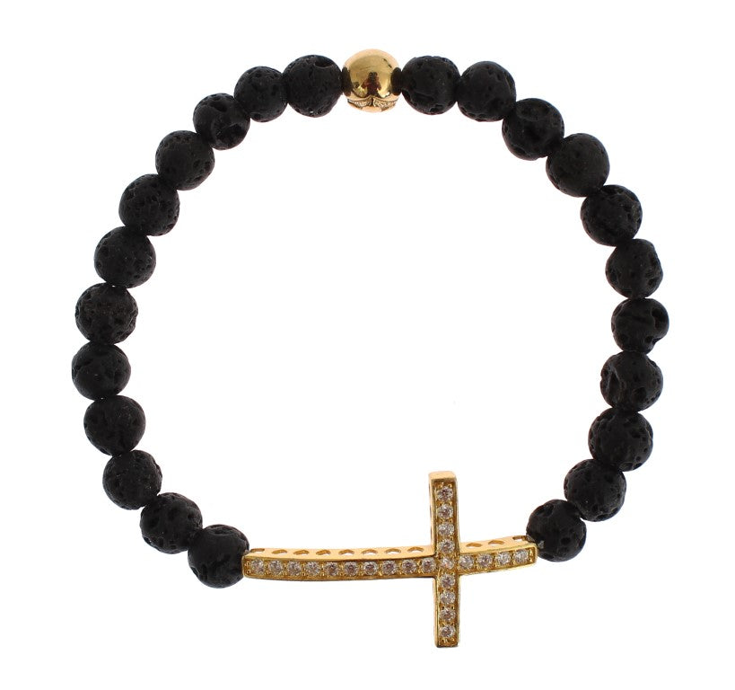 Nialaya Lava Stone Bracelet with Gold-Plated 925 Sterling Silver CZ Cross