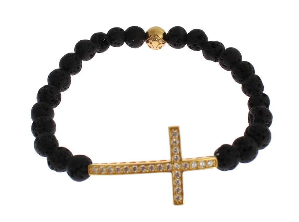 Nialaya Lava Stone Bracelet with Gold-Plated 925 Sterling Silver CZ Cross