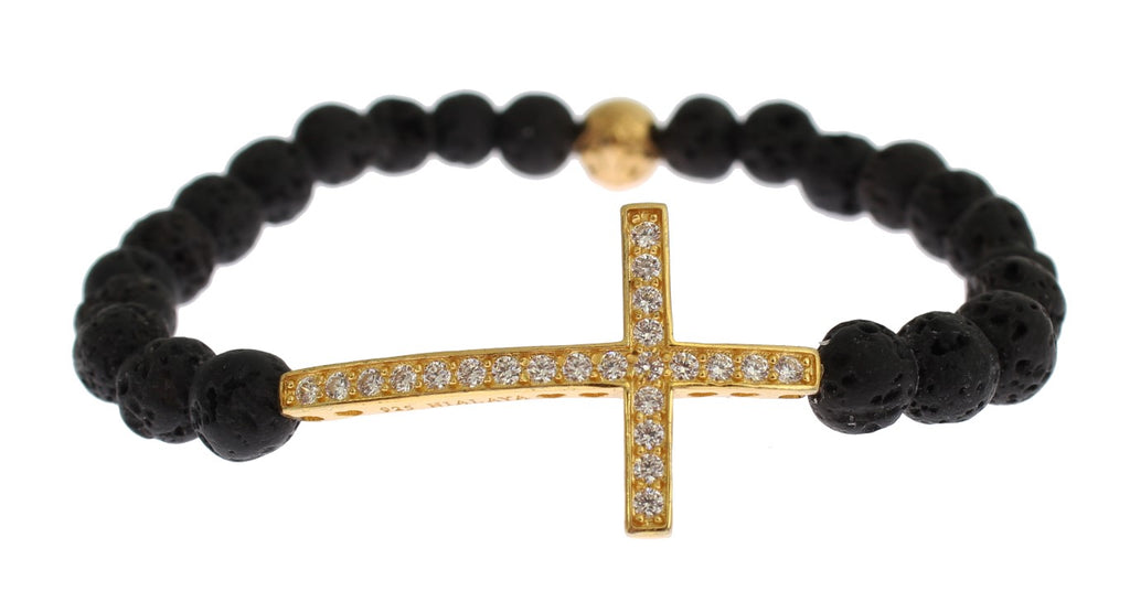 Nialaya Lava Stone Bracelet with Gold-Plated 925 Sterling Silver CZ Cross