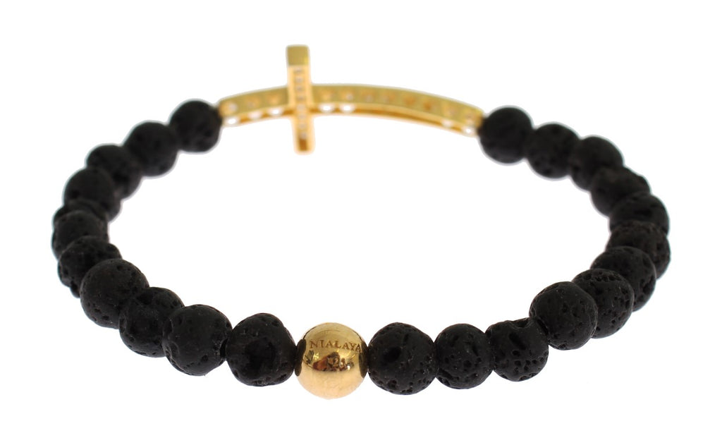 Nialaya Lava Stone Bracelet with Gold-Plated 925 Sterling Silver CZ Cross