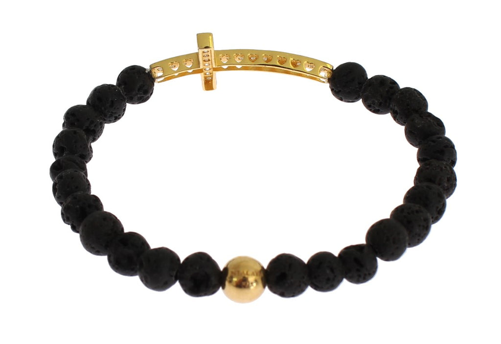 Nialaya Lava Stone Bracelet with Gold-Plated 925 Sterling Silver CZ Cross