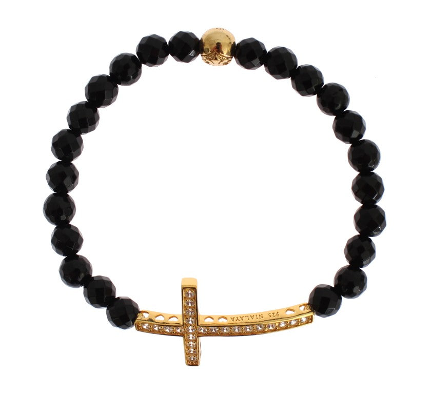 Nialaya Agate Stone Bracelet with Gold-Plated 925 Sterling Silver CZ Cross
