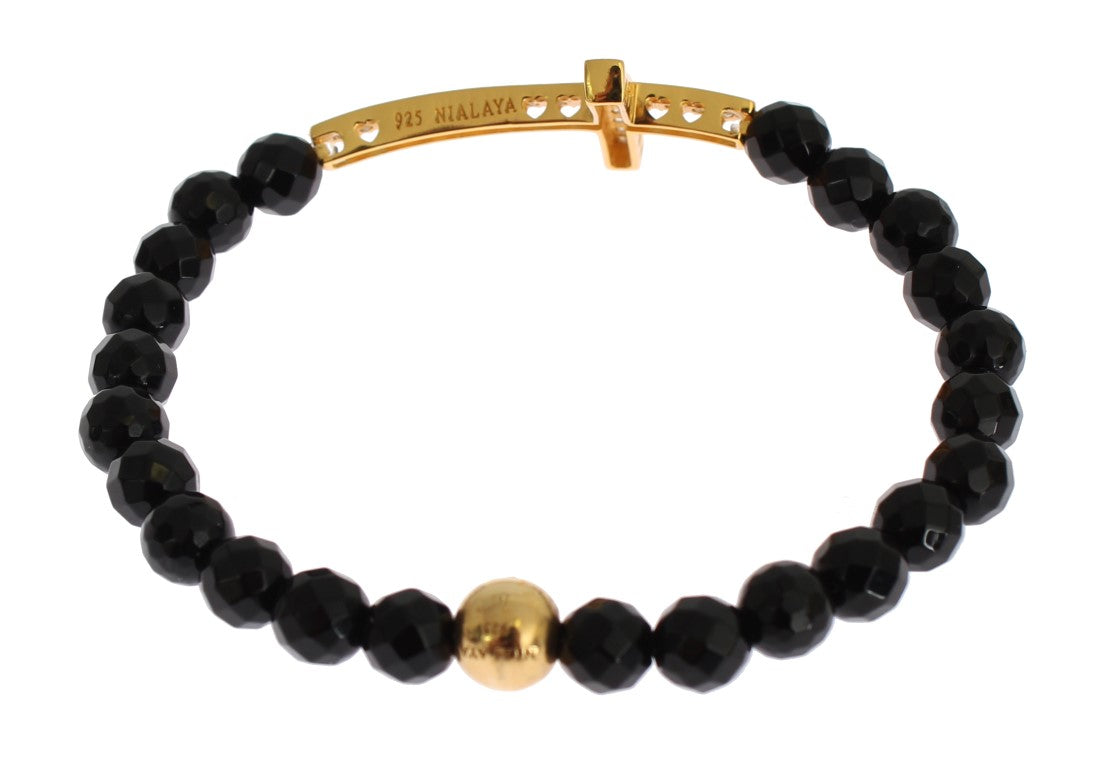 Nialaya Agate Stone Bracelet with Gold-Plated 925 Sterling Silver CZ Cross